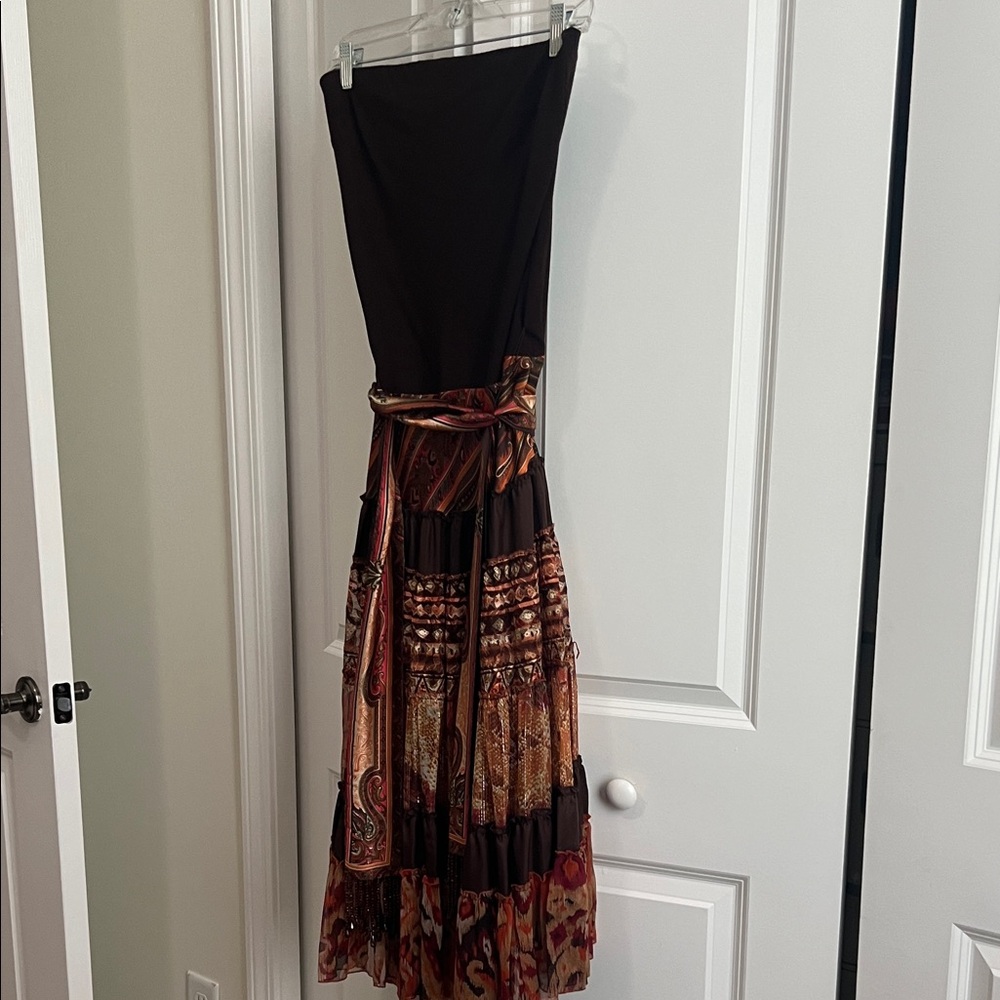 Elegant Brown and multicolor strapless dress. Beaded sash belt.